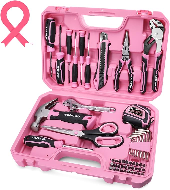 WORKPRO 52-Piece Pink Tools Set, Household Lady Tool Kit with Storage Toolbox, Basic Tool Set for Home, Garage, Apartment, Dorm, New House, Back to School, and as a Gift