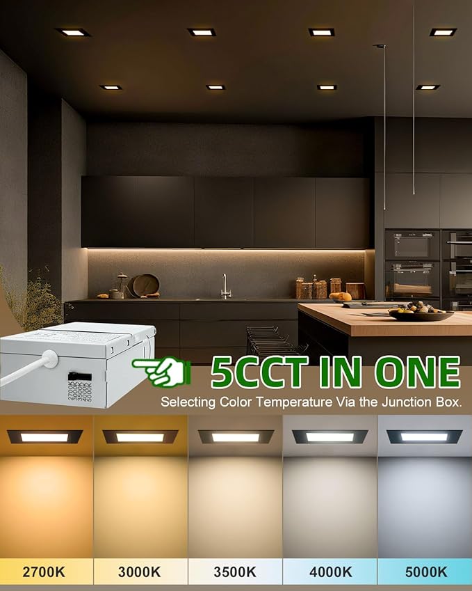 zouzai Square Led Recessed Lighting,5CCT Ultra Thin Square Led Ceiling Light with Junction Box,CRI90,2700K-5000K Selectable,Dimmable Canless Downlight,ETL and Energy Star (Black【12 Pack】, 6 Inch)