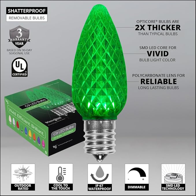 Wintergreen Lighting 25-Pack OptiCore C9 LED Green Light Bulbs - Replacement Christmas Light Bulbs, Halloween, St. Patrick's Day, E17 Base (Faceted)