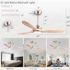 42" Wood Ceiling Fans with Lights and Remote Control,Indoor Outdoor 3 Blades Wooden Ceiling Fan for Garage,Patio,Living Rooms,Bedrooms,Offices,Farmhouse(Nickel+Raw wood)