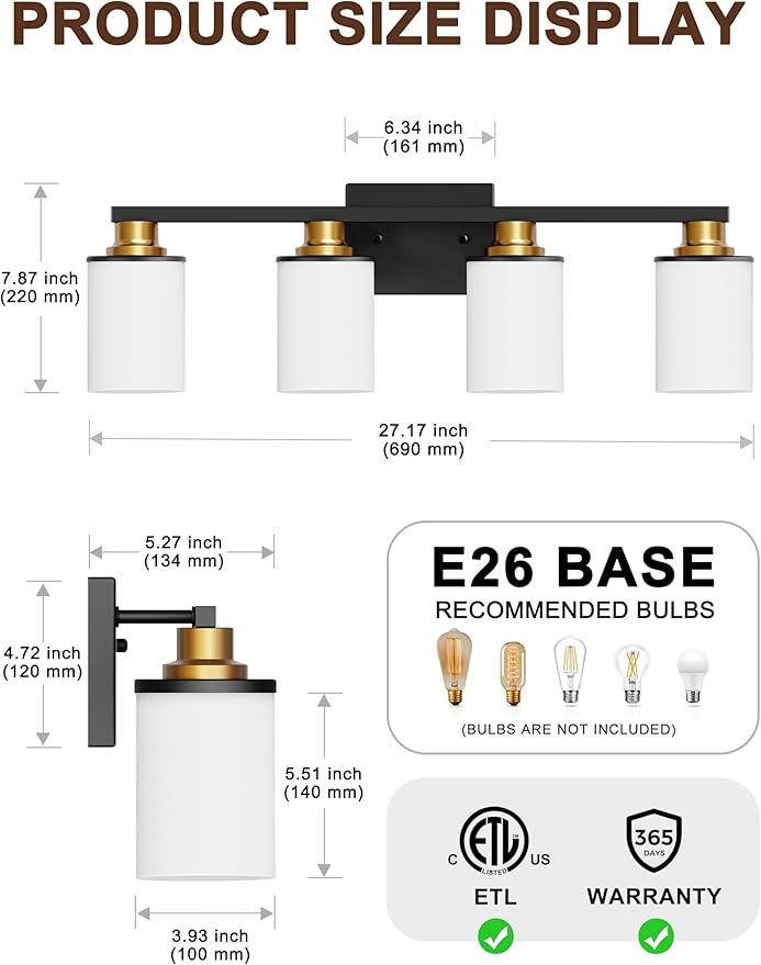 DORESshop 4-Light Black and Gold Bathroom Light Fixtures Over Mirror with Milk Glass Shade, Modern Vanity Lights, ETL Listed