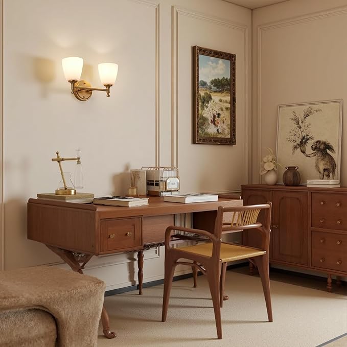 2-Light Gold Bathroom Light Fixtures, Wall Sconce with Brass Base & Milk Glass Shade, Gold Vintage Wall Lamp for Bedroom, Living Room, Hallway,Vanity,E26 Socket (Bulbs Not Included)