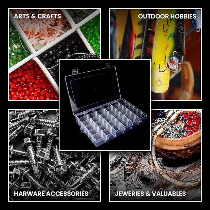 4pack 36 Grids Plastic Clear Organizer Box Bead Storage Containers with Adjustable Dividers for Craft Jewelry Fishing Tackles Parts Storage with 4 Sheets Label Stickers