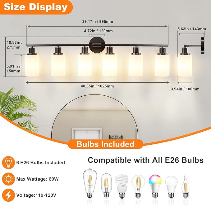 DLLT 6-Light Bathroom Light Fixtures: Black Modern Vanity Lights with E26 Bulbs - Milky White Glass Shade Bathroom Wall Lamp for Mirror Kitchen Living Room Hallway Cabinet Porch