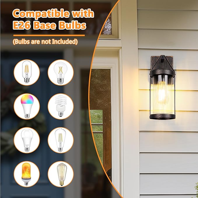2-Pack Outdoor Wall Lights, Waterproof Outside Light Fixtures Wall Mount with Clear Ribbed Glass, Modern Bronze Exterior Wall Sconce Front Porch Lights for House, Patio, Garage, Bulbs Not Included