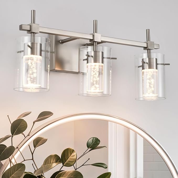 Bathroom Light Fixtures 3-Light, Brushed Nickel Vanity Light Over Mirror Dimmable 3 Color (3000K/4000K/6000K), Eye Protection LED Bathroom Lights Wall lamp Over Mirror with Clear Glass Shade