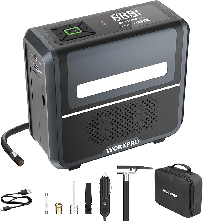 WORKPRO Portable Tire Inflator, 7.2V/12V Small/Mid/Large Air Compressor, Digital Display, Auto Shut-Off, 5 Modes, LED Light, High Airflow, for Car, Motorcycle, Bike, Balls