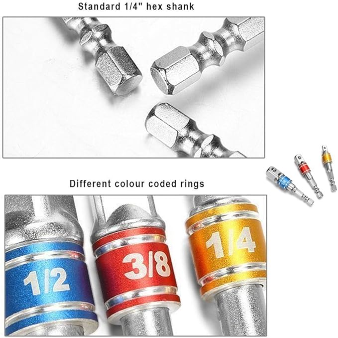 3-Piece Socket Adapter Extension Set, 1/4, 3/8, 1/2 Inch Hex Shank, Impact Grade, Power Drill to Socket Converter