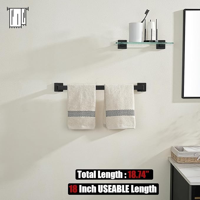 JQK Black Towel Bar, Rounded Edges 20.41 Inch Towel Rack, 304 Stainless Steel Bathroom Wall Mount, Useable Length 18 Inch, TB250L18-PB