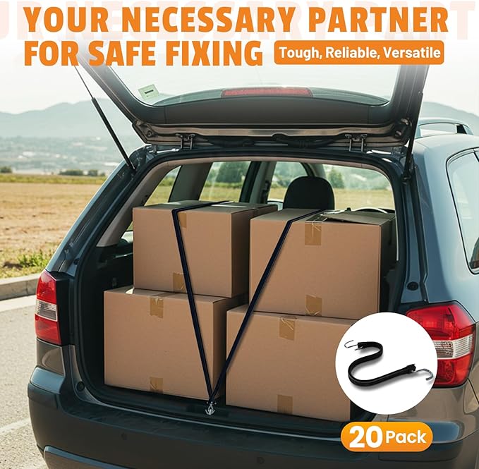 21" Rubber Bungee Cords with Hooks, 100% EPDM Bungee Cord with 150% Max Stretch, Heavy Duty Bungee Straps for Securing Tarps, Canvases, Cargo, Motorcycle, Weatherproof, Pack of 20