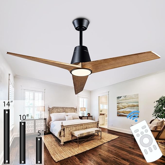 52" Ceiling Fans with Light, Solid Wood Ceiling Fan with Remote Control and DC Motor, with RGB Function, with 3 Fan Blades, Indoor-Outdoor Ceiling Fan for Living Room, Bedroom - Black + Walnut Color