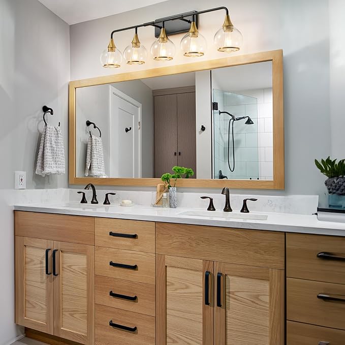 Black and Gold Bathroom Vanity Light 5-Lights Bathroom Light Fixtures Over Mirror with Clear Glass Shade 39.2 inch Wall Sconce Lighting Bath(Exclude E26 Bulb)