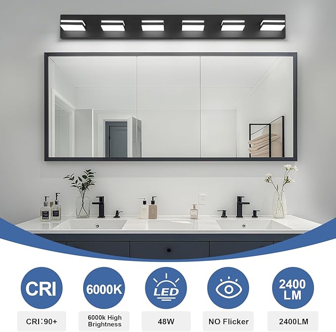 Modern LED Bathroom Lights Fixtures(6-Light),Metal Black Acrylic Wall Lighting,Vanity Lights for Bathroom Over Mirror(6000k 41In