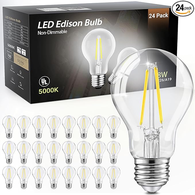 TJOY 24 Pack A19 Vintage LED Edison Bulbs, Non-Dimmable, 60W Equivalent, High Brightness 5000K Daylight White, 8W E26 Standard Base, 760 Lumens, CRI80+, Clear Glass Filament Bulb for Home, Farmhouse