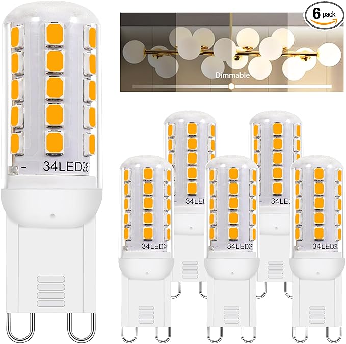 G9 LED Bulb Dimmable 3.2W (30-40W Halogen Bulb Equivalent), Warm White 3000K, 120V 350LM G9 Bi Pin Base Light Bulbs for Chandelier Light, No Flicker, 360° Beam Angle, 6 Pack