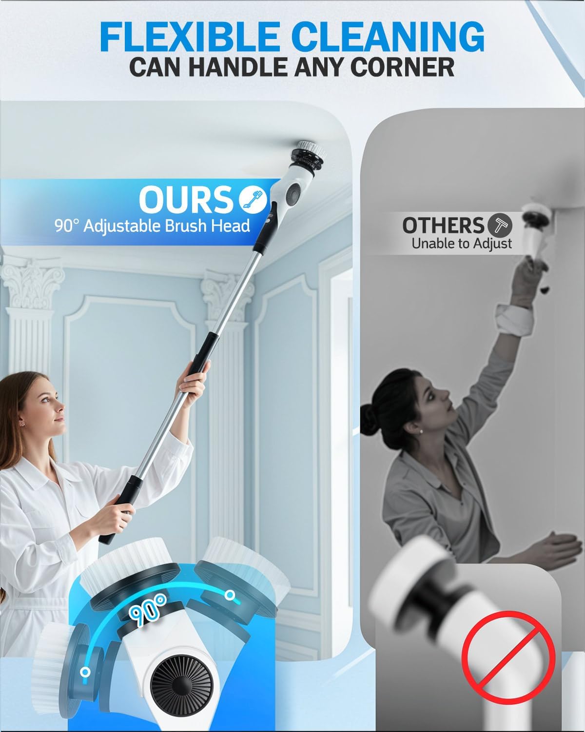 Electric Spin Scrubber with 10 Replaceable Brush Heads, IPX7 Waterproof Shower Scrubber with Long Handle, 3-Speed Adjustable Cleaning Supplies with Rotating Cleaning Brush