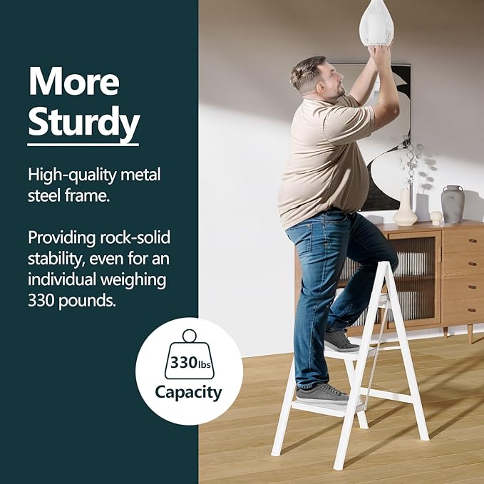 WOA WOA 3 Step Ladder, Folding Step Stool with Wide Pedals, Compact Stepping Stool for Kitchen, Sturdy Steel Ladders with Anti-Slip Feet, Supports up to 330 lbs - White