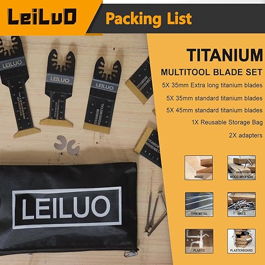 Titanium Multitool Blades Kits LEILUO 15 Pieces Oscillating Tool Blades for Nails Wood Packed by Storage Bag Compatible with Makita Ryobi Milwaukee and More