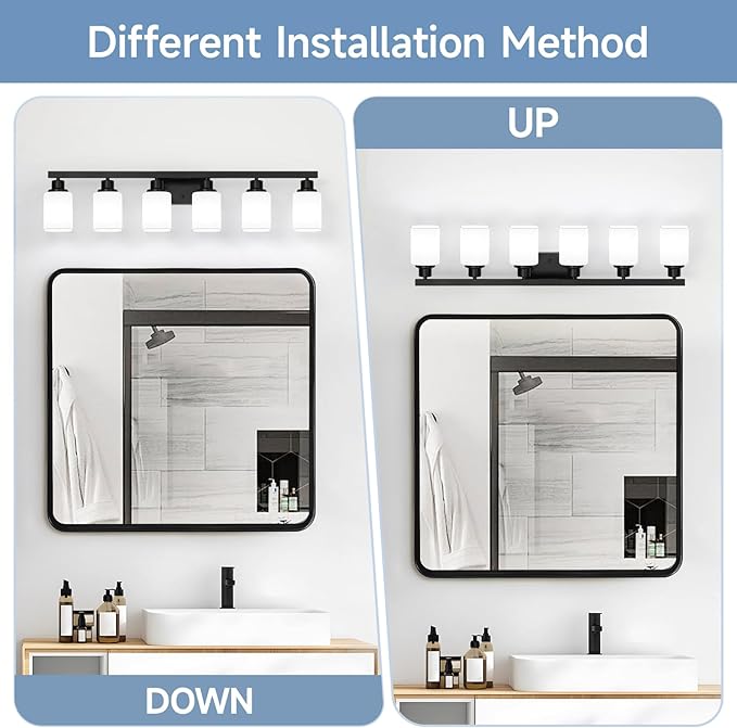 6 Light Bathroom Vanity Light, Modern Matte Black Bathroom Light Fixtures with Square Frosted Glass, Wall Sconces fixtures Over Mirror Restroom,Living Room Hallway E26