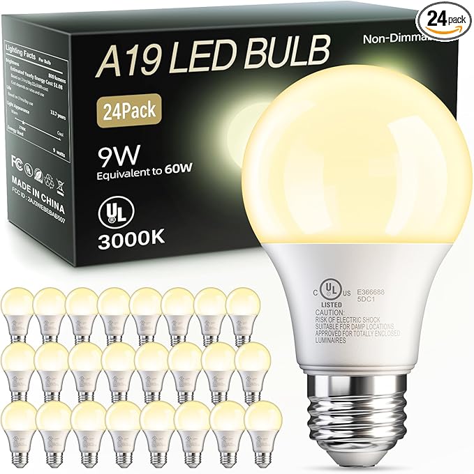 TJOY 24 Pack A19 LED Light Bulbs Warm White 3000K, 60 Watt Equivalent, Efficient 9W, E26 Standard Base, Non Dimmable Energy Saving Warm Light Lamp Bulb, 800LM, 120V, for Home, Bedroom, Living Room