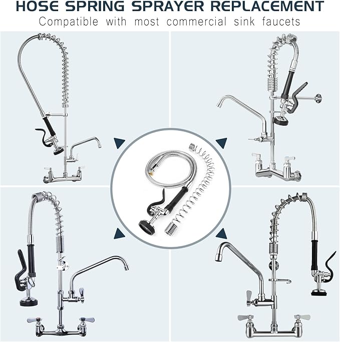 Spray Valve with 38” Commercial Sink Sprayer Hose and Pre Rinse Spring, Pre Rinse Sprayer with Flexible Stainless Steel Hose & Spring Assembly for Commercial Kitchen Faucets (Black)