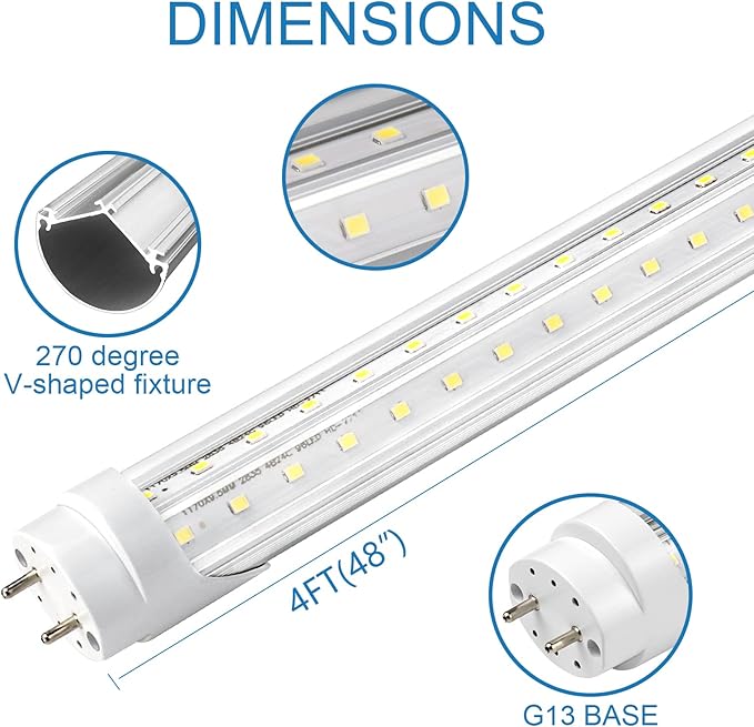 T8 LED Bulbs 4 Foot, 25-Pack 4FT LED Shop Light Tubes, 36W 4680LM 5000K Daylight White, T8 T10 T12 Fluorescent Replacement Bulbs, High Output V-Shaped, Remove Ballast, Double Ended Power