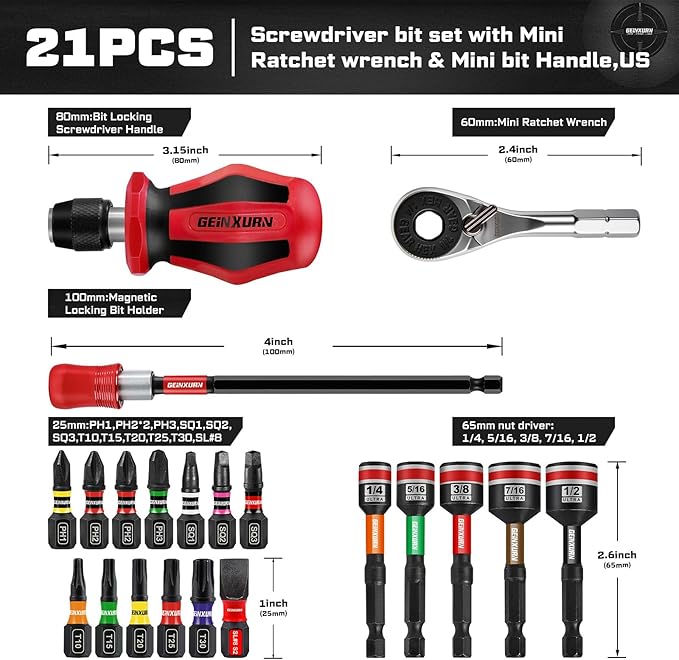 21 Pieces Tool Kit Include Mini Rachet Wrench, S2 Steel Screwdriver Bit, Mini Screwdriver Handle, Magnetic Locking Bit Holder and Nut Driver, Portable Hand Tools Set for Repair