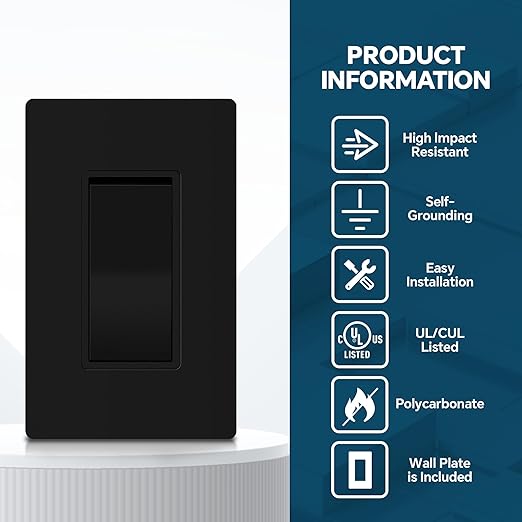 ThunderWay Matte Black Single Pole Decorator Light Switch with Screwless Wall Plate, 15 A 120/277 V, ON/Off Rocker Paddle Interrupter, Self-Grounding, Residential Grade,UL Listed (30 Pack)