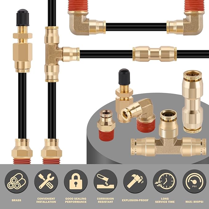 CheeMuii 64 PCS Brass DOT Air Line Fittings with 100FT 1/4" and 50FT 3/8" DOT Air Line Kit Push Lock Quick Connect & NPT Thread Fittings with Pneumatic Tubing Set