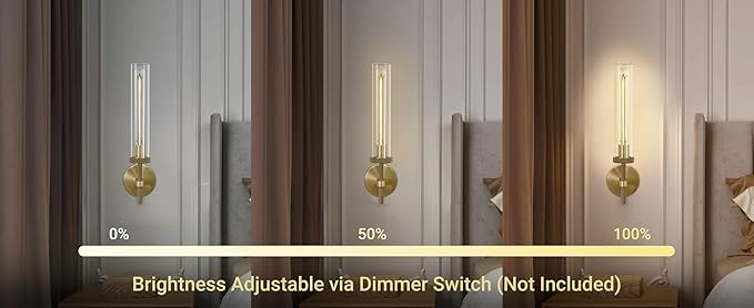 Brass Sconces Wall Lighting, 19" Tube Glass Gold Sconces, Bathroom Wall Sconces Lighting Vanity Lights Wall Lights for Living Room, Hallway, Fireplace, Staircase