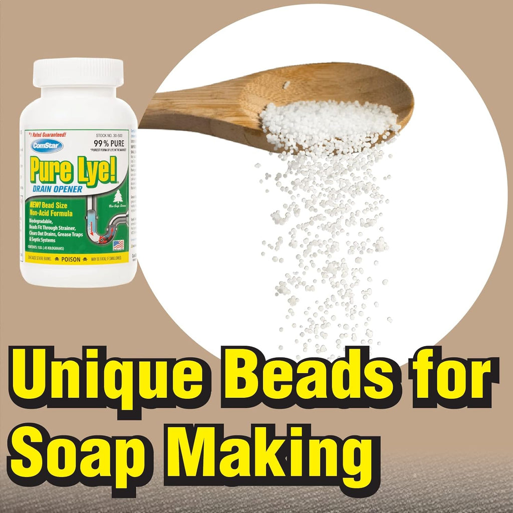 ComStar Pure Lye | 99% Pure Sodium Hydroxide Beads | Eco-Friendly, Industrial Strength, Biodegradable Drain Opener | Safe on Fixtures | Static-Free, Unique Beads for Soap Making | 1 lb. (30-500)