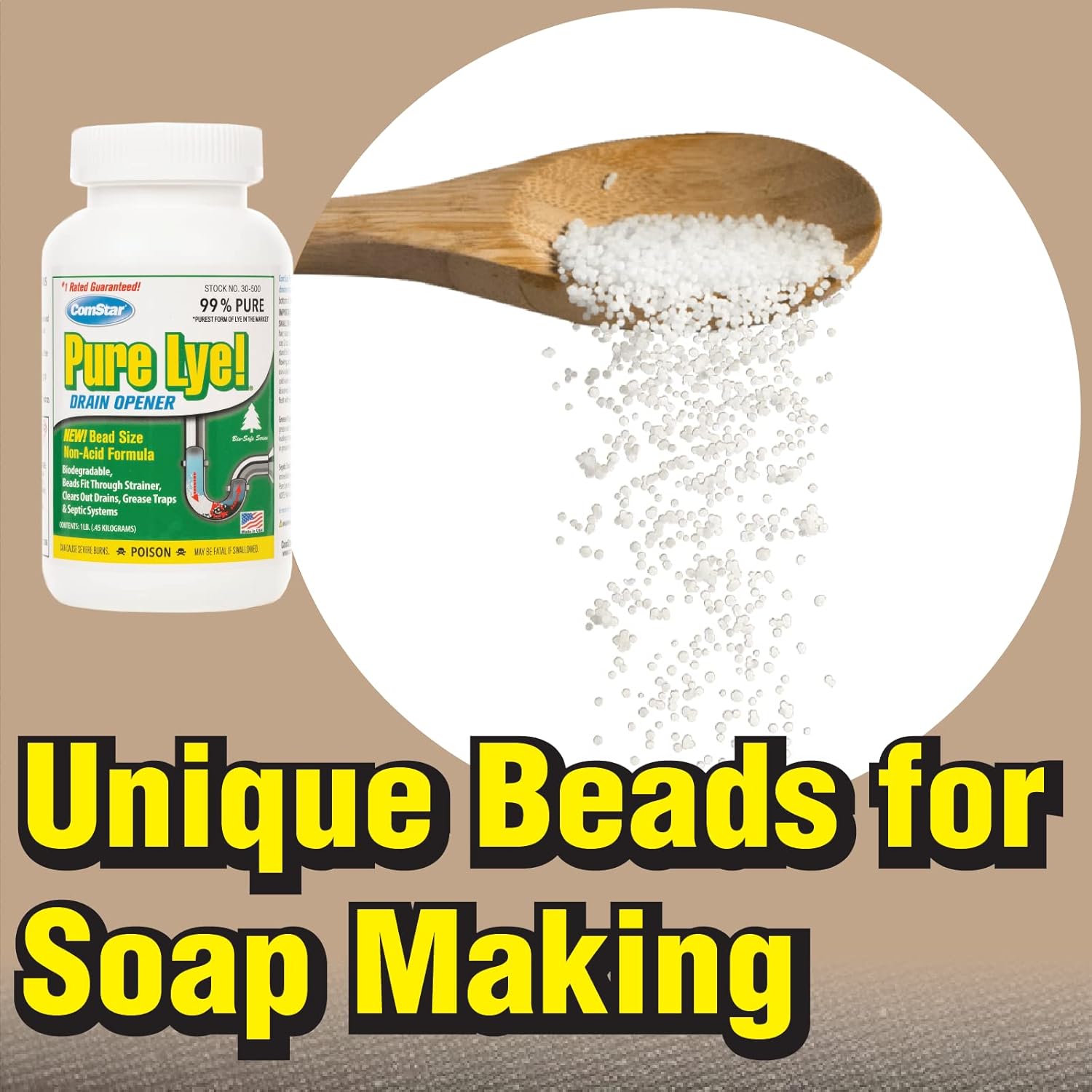 ComStar Pure Lye | 99% Pure Sodium Hydroxide Beads | Eco-Friendly, Industrial Strength, Biodegradable Drain Opener | Safe on Fixtures | Static-Free, Unique Beads for Soap Making | 1 lb. (30-500)