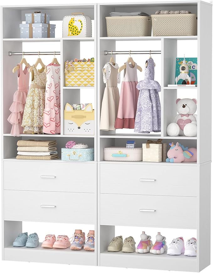 4FT Closet System with 4 Wood Drawers, 48" Closet Organizer System with 10+ Small Shelves & 2 Hanging Rods, Walk-in/Nursery Closet Systems, Set of 2, White (48" L x 15" W x 80" H)