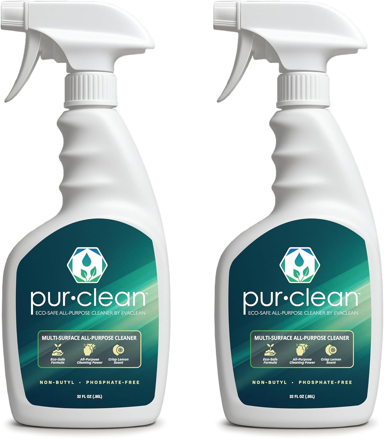 EvaClean PurClean All Purpose Cleaner – Ready to Use, 2-Pack Spray Bottles 32 FL Oz. Each, Biodegradable Degreaser, For Hospitals, Hotels, Schools, Daily Use, Mop, Spray, Wash, Lemon Scent