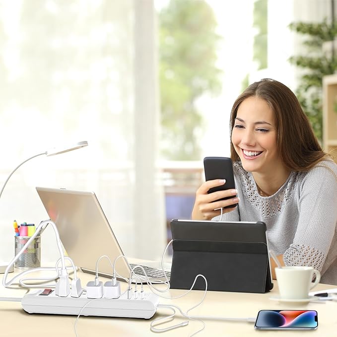 4-Outlet 6.5Ft Long Cord 2500W Power Strip Build-in Charging Cable and2 Type C (PD 23W) & USB (QC 3.0 5V3A) Fast Charging Ports (White)