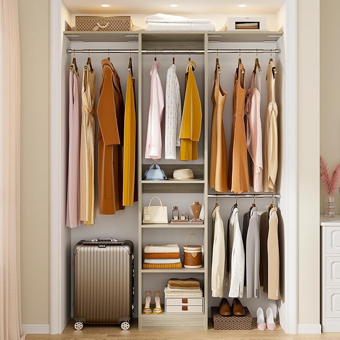 48" Small Closet Organizer, 4FT Closet System for Small Closets with 4 Hanging Rods & 3 Shelves, 80"H Small Closet Organizers and Storage for Bedrooms, Cloakrooms, White Oak