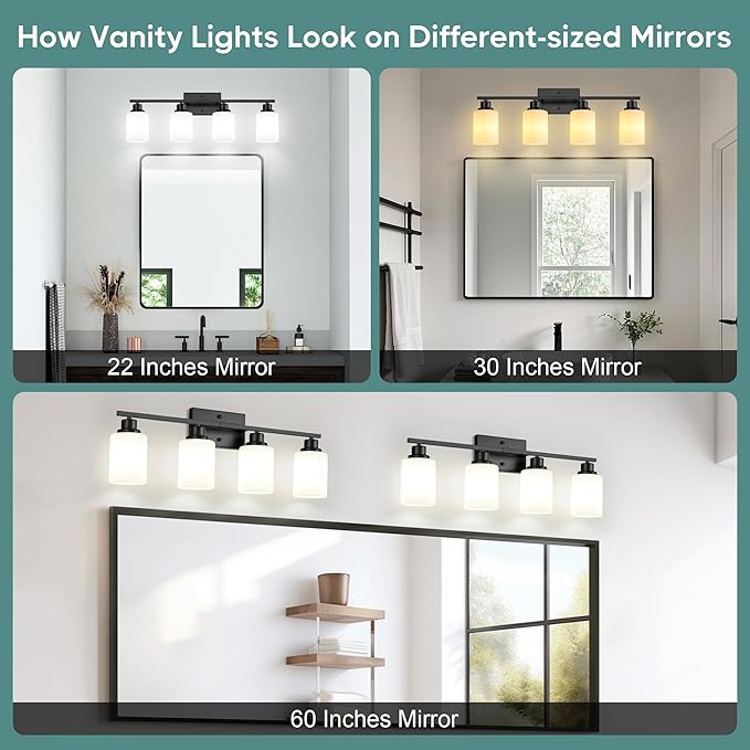 Ascher Bathroom Light Fixtures, 4-Light Vanity Light Over Mirror, Matte Black Wall Sconces with Milky White Frosted Glass Shades, Wall Lamp for Living Room Bedroom, E26 Base(Bulbs Not Included)
