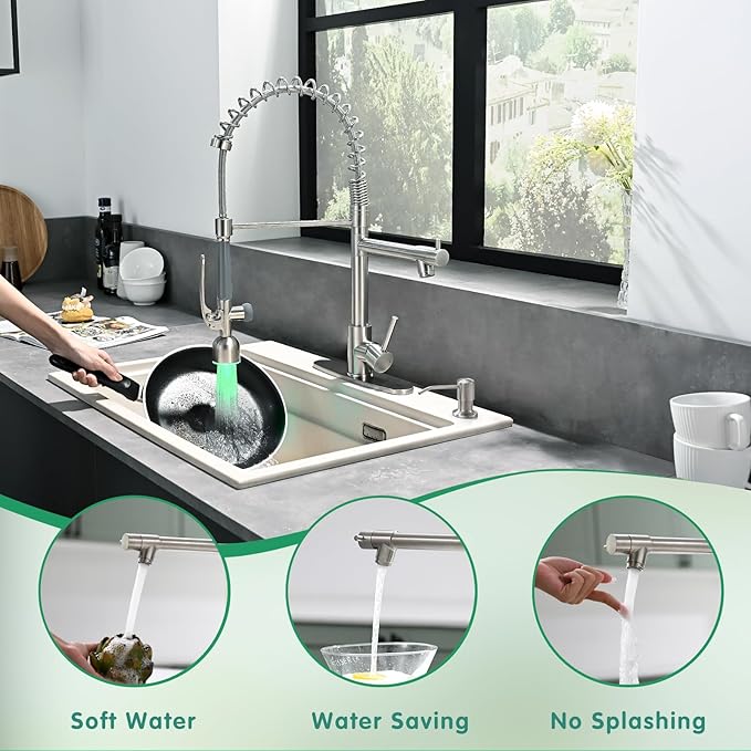 Fapully Commercial Kitchen Faucets with Pull Down Sprayer Brushed Nickel LED Single Handle Faucet for Kitchen Sink, Kitchen Faucet with Soap Dispenser and Deck Plack for 4 Hole