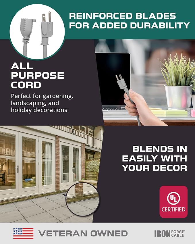 Iron Forge Cable Gray Outdoor Extension Cord 100 ft, 16/3 SJTW 100 Foot Grey 3 Prong Extension Cord Outdoor & Indoor, Weatherproof 10 Amp Heavy Duty Power Cable