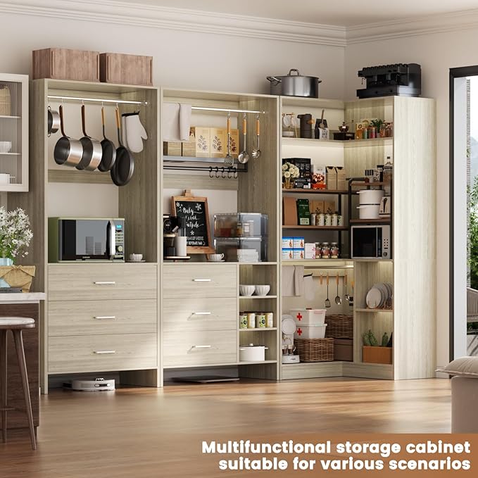 Aheaplus Closet System with 6 Drawers, 4 Hanging Rods & Corner Tower, Corner Closet System with Hanging, 86.8" L-Shaped Walk-In Wardrobe Organizer, 2000+ lbs Capacity, Set of 3, White Oak