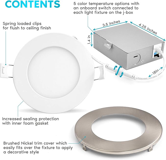 LUXRITE 4 Inch Ultra Thin LED Recessed Light with J-Box, 10W, 5 Color Options 2700K | 3000K | 3500K | 4000K | 5000K, Dimmable Wafer Lights, 750 Lumens, Brushed Nickel, Energy Star, IC Rated (4 Pack)
