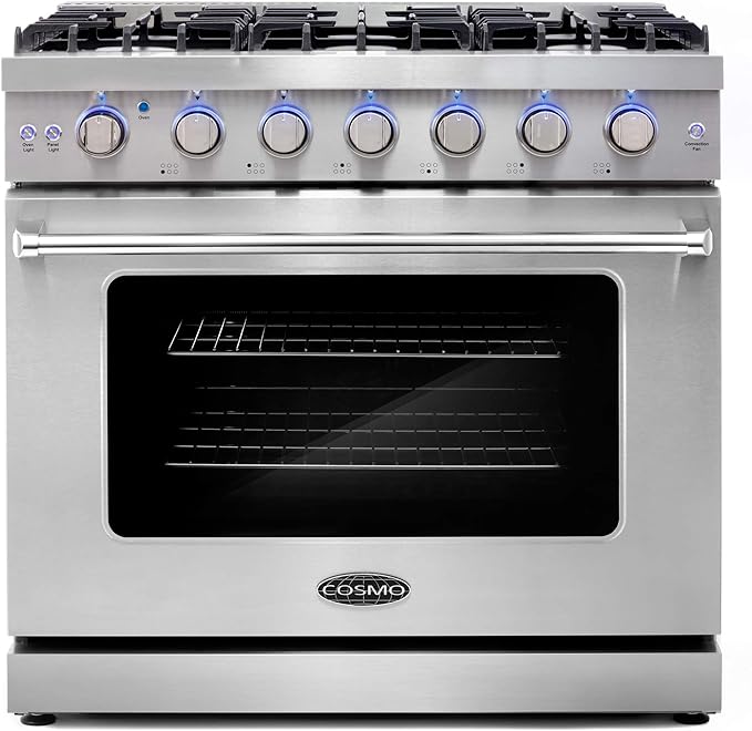 COSMO COS-EPGR366 36 in. Haven Collection 6.0 cu. ft. Gas Range, 6 Burners, Convection Oven, Knob LEDs, Storage Drawer, Stainless Steel