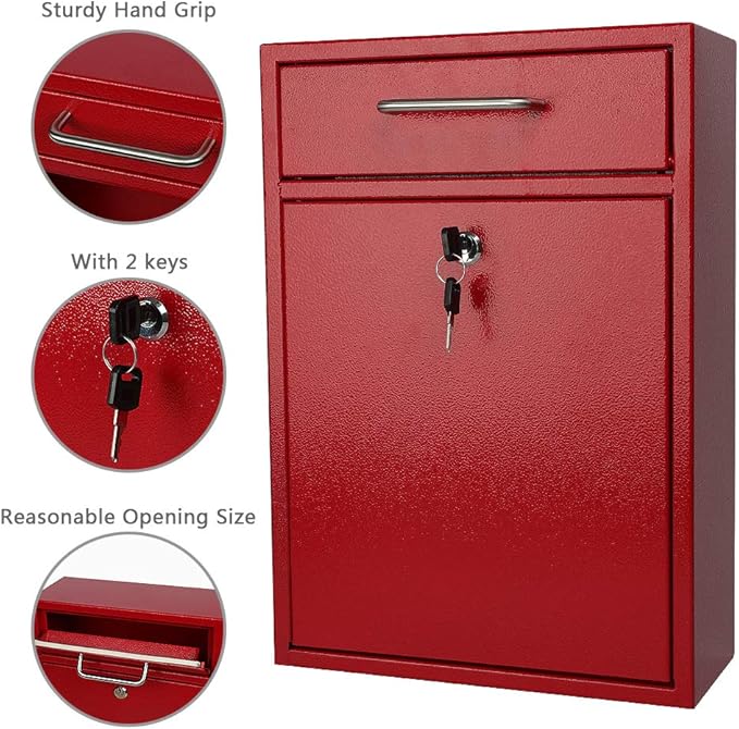 KYODOLED Steel Key Lock Mail Boxes Outdoor, Locking Wall Mount Mailbox, Security Key Drop Box, Collection Boxes,16.2H x 11.22L x 4.72W Inches, Red X Large