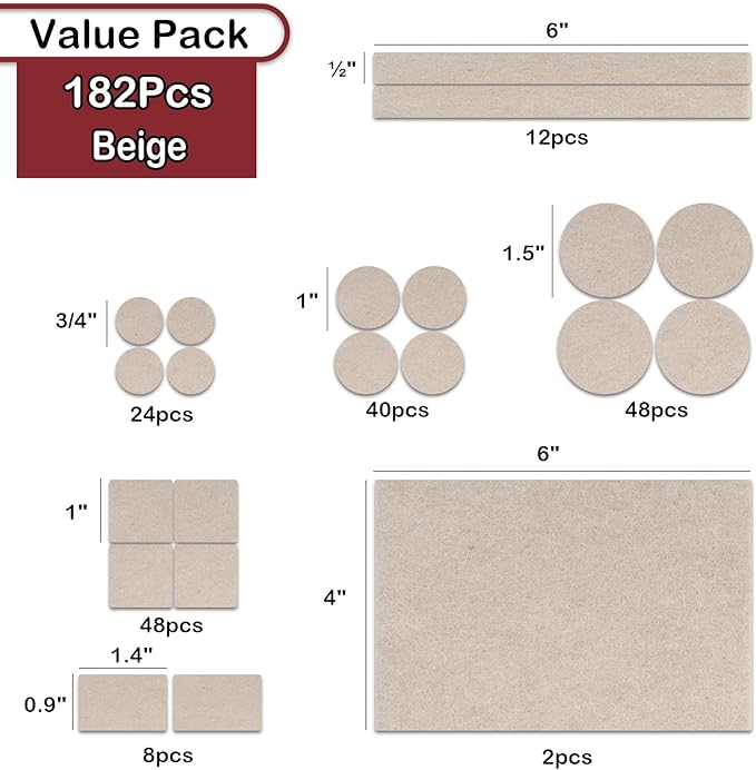 Yelanon Felt Furniture Pads -182 Pcs Premium Felt Pads for Chair Legs Furniture, Floor Protectors for Hardwood Floors, Beige