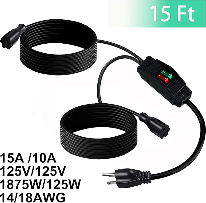 2 Way Extension Cord with On/Off Switch 3 Prong Outdoor Extension Cord Splitter, Heavy Duty Extension Cord with SJTW 14AWG 15A/125V and 18AWG 10A/125V(15 Ft, Black)