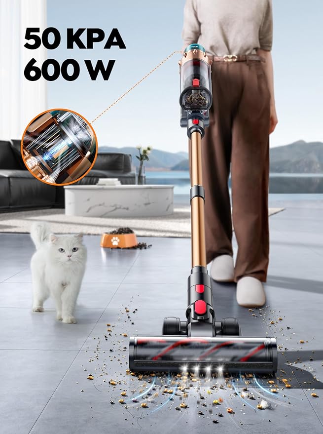 Cordless Vacuum Cleaner, 600W 50KPA 65 Mins Runtime Self-Standing Vacuum Cleaners for Home, Stick Vacuum with Charging Dock Station Removable Battery, Handheld Vacuum for Pet Hair/Carpet/Floor