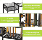 keomaisyto Garden Tool Organizer With Basket - 3 Tier Yard Storage Rack for Garage Organization, Heavy Duty Holder With 35 Long-Handled Slots for Shed, Yard, Garage