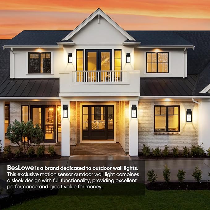 BesLowe Upgraded Motion Sensor Outdoor Wall Light, 13” Dusk to Dawn Porch Light Outdoor Wall Sconce Lantern, 3 Lighting Modes Exterior Lighting Fixture Wall Mount, Outside Light for House, Black