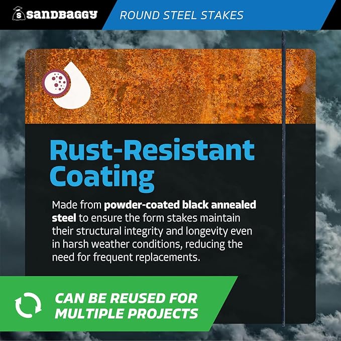 Sandbaggy 72" Round Steel Concrete Form Stakes with Nail Holes - Rust Resistant Coating - Removable, Reusable (1)