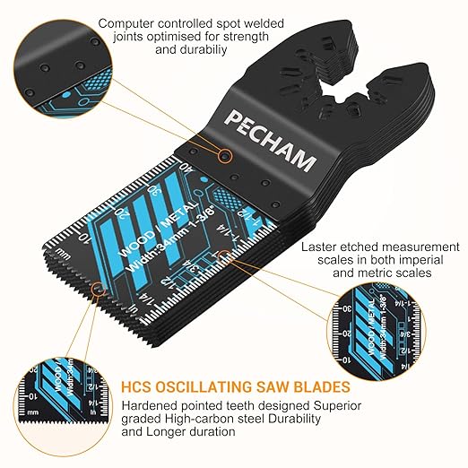 PECHAM Oscillating Tool Blade, 34PCS Universal Wood Metal Oscillating Multitool Quick Release Saw Blades Fit Porter Cable Black & Decker Rockwell Ridgid Ryobi Milwaukee DeWalt Chicago Craftsman